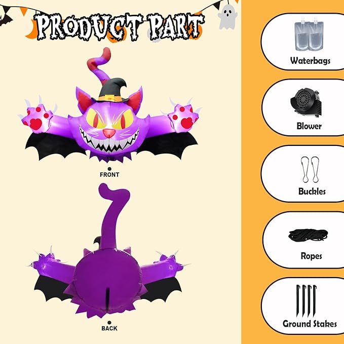 4.5FT Halloween Inflatable Purple Cat, Blow up Halloween Decoration Broke Out from Window Built-in 3 LED for Halloween Decoration Outdoor Indoor Home Party Supplies Halloween Lawn Decor