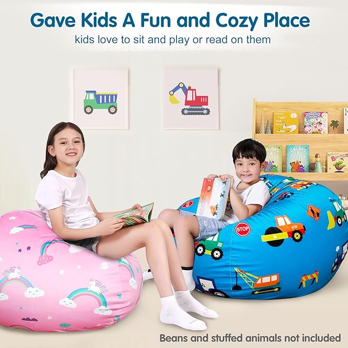 Lukeight Stuffed Animal Storage Bean Bag Chair Cover for Kids, Zipper Beanbag Chair Cover for Organizing Toddler and Kids' Rooms Plush Toys (Construction Velvet, X-Large)