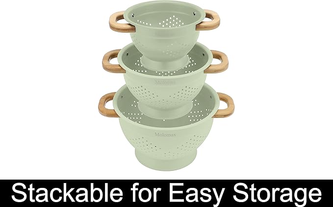 Metal Colander with Wood Handle | Set of 3 with Bamboo Handles | 1.5Q, 3Q, 5Q (Sage Leaf Green)