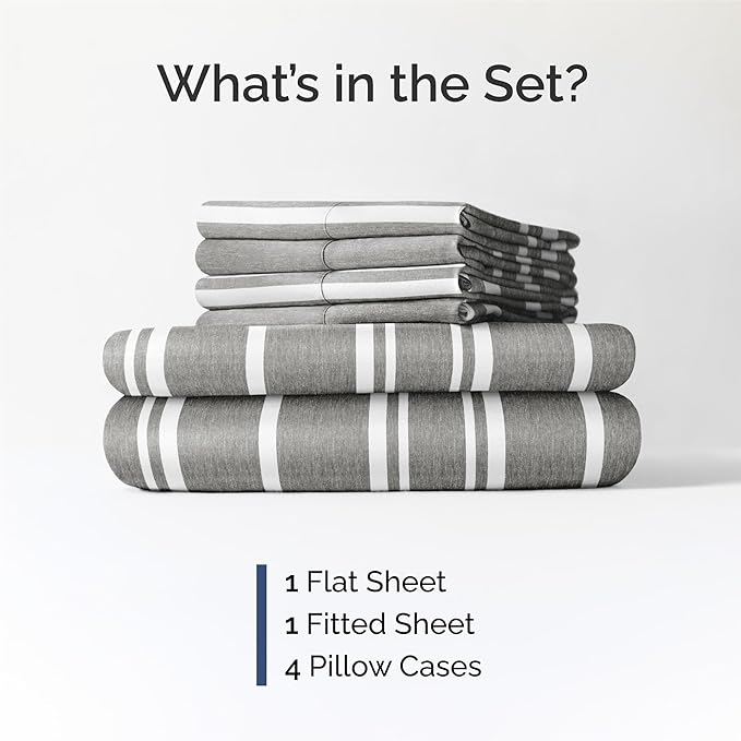 CGK Linens King 6 Piece Sheet Set - Cooling Sheets for Hot Sleepers - Hotel Luxury Bedding Set with 8-16 Inch Deep Pockets - 1 Flat & 1 Fitted & 4 Pillowcases - Soft and Wrinkle Free - Grey Stripes