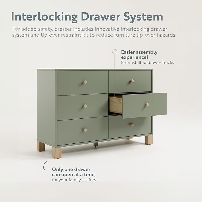 Storkcraft California 6-Drawer Double Dresser (Olive with Driftwood) - GREENGUARD Gold Certified, Interlocking Drawer System, Dresser Drawer Organizer for Kids Bedroom