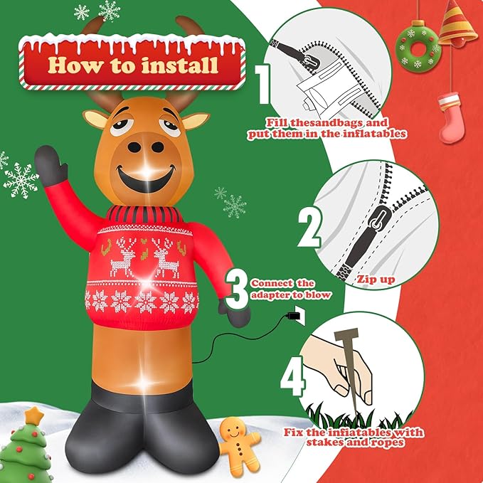 8 FT Christmas Decorations Outdoor Inflatables Giant Deer Yard Decor with Build-in LEDs Blow Up for Christmas Party Indoor Outdoor Yard Garden Lawn Patio