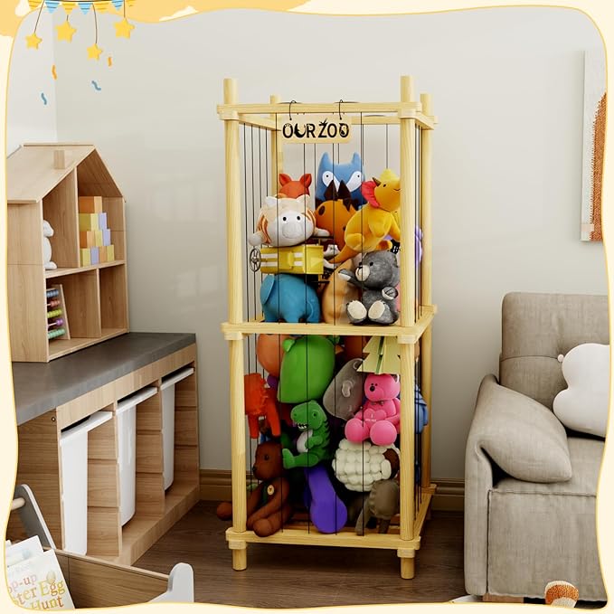 Stuffed Animal Zoo Storage Cage Wooden, 41''(3.4ft) Wood Large Stuffed Animal Storage Basket, Toy Storage for Big Stuffed Animals, Large Toy Chest for Kids Girls Boys Toy Organizer Holder