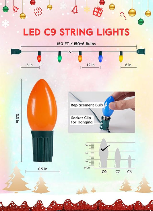 Vintage C9 LED Christmas Lights Outdoor, 150 Feet C9 String Lights with 150 Shatterproof C9 Bulbs, Waterproof Connectable Commercial Christmas Tree Lights for Outside Roofline Patio Decor, Multicolor