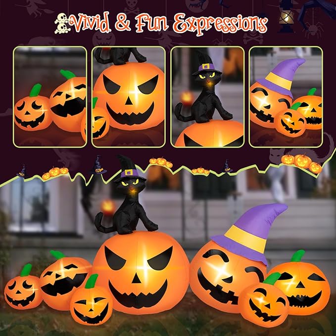 8FT Long Halloween Inflatables Pumpkin Outdoor Decorations, 7 Blow Up Pumpkins Inflatables with Witch Hat & Black Cat Built-in LED Lights for Halloween Party Yard Garden Lawn Decorations