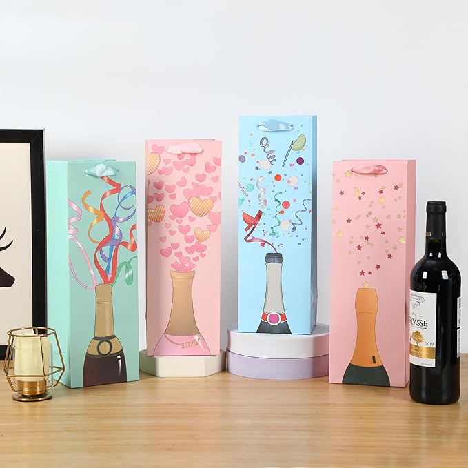 SHIPKEY 12 Pack of Wine Gift Bags, 4-Colored Bags Bulk for Wine Bottles, 13.7in Wine Bottle Bags for Thanksgiving, Halloween, Easter Day, Graduations, Weddings, Christmas, and Mother's Day