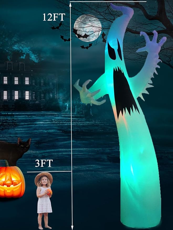 Kalolary 12FT Halloween Inflatables Scary Ghost Color Flashing Blow Up Skeleton Ghost, Outdoor Yard Inflatable Decoration with Multi-Colored LED Lights