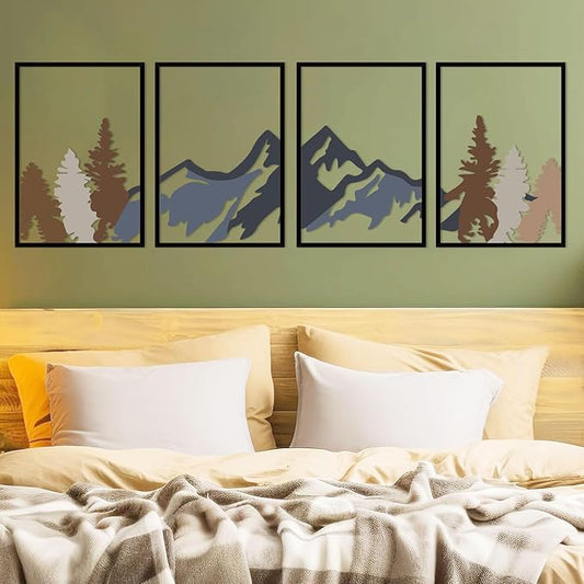 ESTART 4 Pcs Metal Mountain Wall Art, Large Mountains Wall Decor, Mountain Rivers Decorative Painting Suitable For Living Room Bedroom Office Indoor And Outdoor
