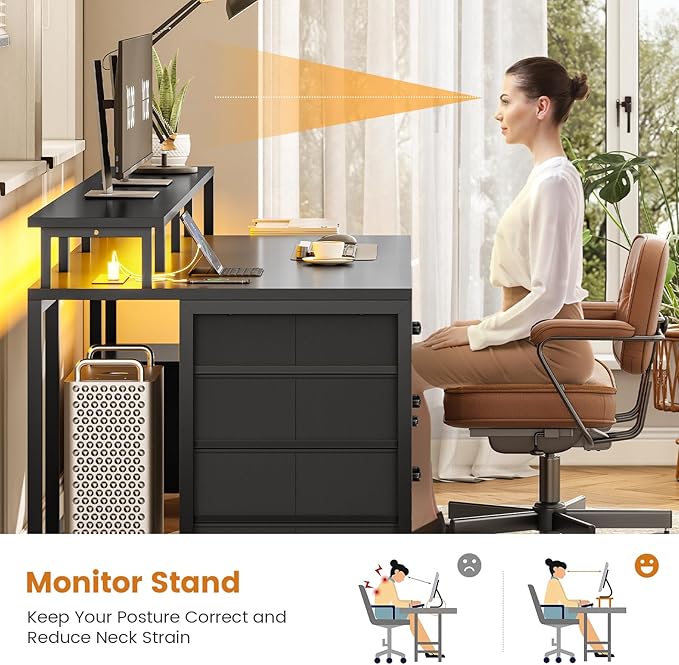 SEDETA 75'' Computer Desk with 5 Drawer, Power Outlet & Led Lights, Home Office Desk with File Drawer, Storage Shelves, Printer Cabinet and Monitor Shelf, 23.6" W Large Desktop Gaming Desk, Black