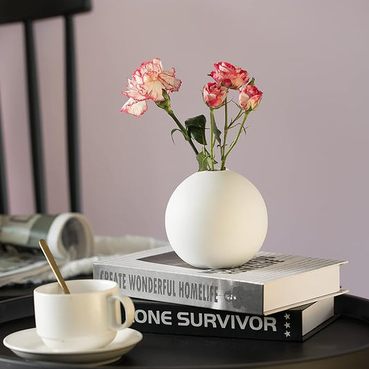 4-in Round White Ceramic Table Vase – Modern, Bohemian and Minimalist Decorative Centerpiece for Weddings, Dining & Living Rooms, Offices, Coffee Tables, and Interior Design Accessories