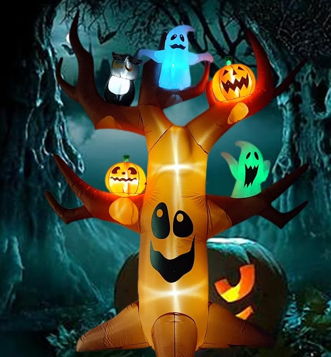9ft Halloween Inflatables Blow Up LED Inflatable Dead Tree with Ghost and Pumpkins for Outdoor Indoor Garden Yard Lawn Party Holiday Decoration