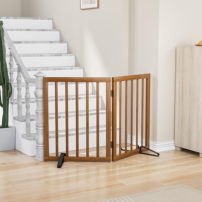 Walnut Dog Gates for Doorways, Foldable Dog Gate for Stairs, Bamboo Freestanding Pet Gate with 2 Support Feet, Puppy Fences Indoor