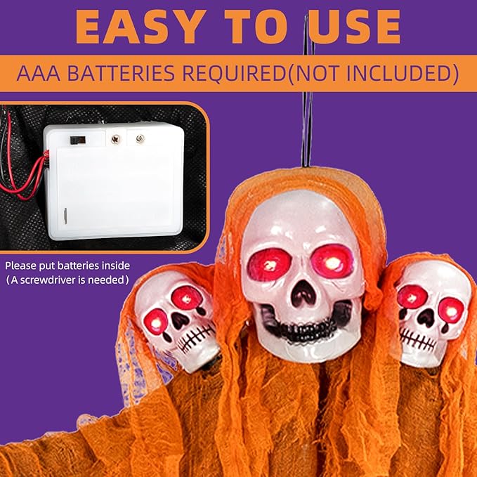 Halloween Decorations Outdoor and Indoor,Halloween Hanging Ghosts,Scary Grim Reaper Skeleton with Light-Up Eyes and Creepy Sound,Scary Party Decorations for Yard,Lawn,Haunted House Decor