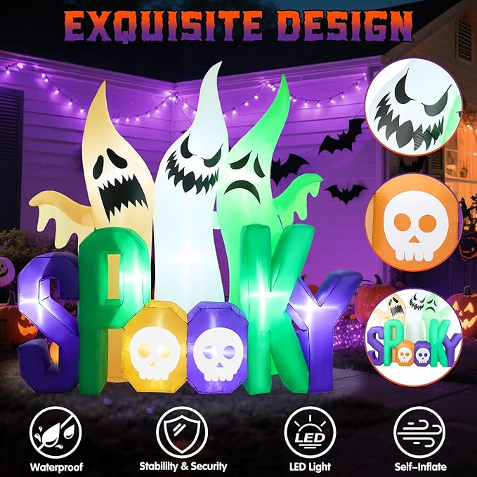 Halloween Inflatables Ghost Outdoor Decorations 8ft Spooky Giant 3 Ghosts Blowup Yard Decor with Built-in Lights Scary Decoration for Holiday Party Yard Porch Lawn Garden Home Indoor Outside