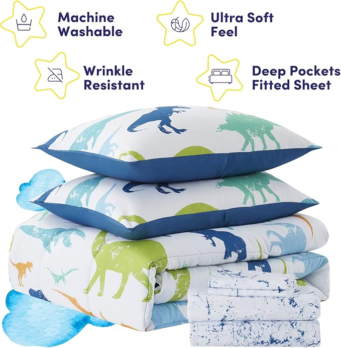 Kids Bedding Set Bed in a Bag for Boys and Girls Toddlers Printed Sheet Set and Comforter , Twin, Dinosaur