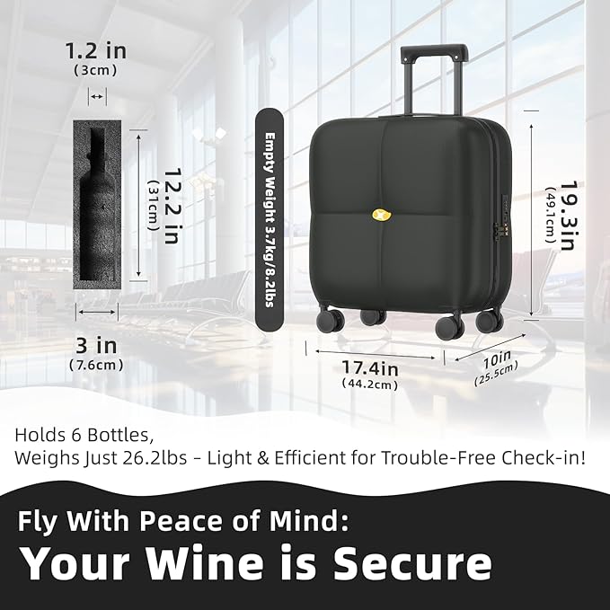 Wine Suitcase, 6 Bottle Wine Luggage, Durable Wine Travel Case, Fly With Wine Suitcase with TSA Lock, Versatile Wine Carrier with Removable Inserts and Silent Spinner WheelsïŒBlackïŒ