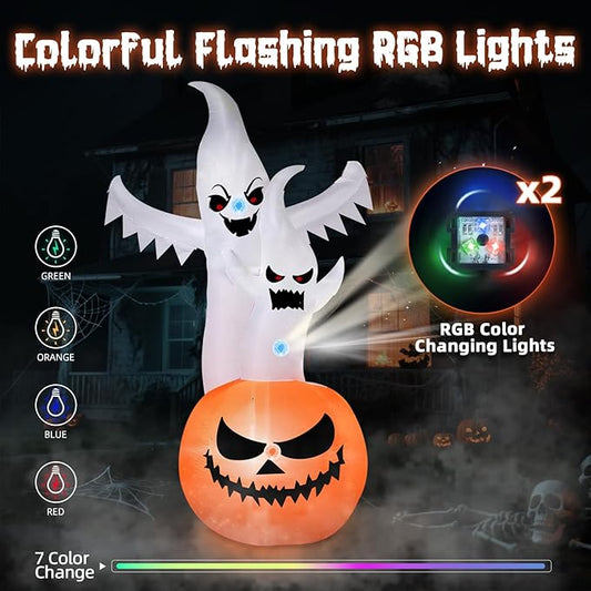 6FT Tall Halloween Inflatable Ghost&Pumpkin Inflatable Decoration with Build-in RGB Lights Blow Up Inflatables for Halloween Party, Yard, Garden, Lawn Decoration