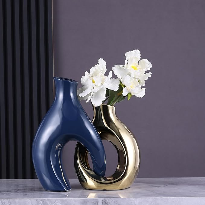 Ceramic Decorative Vase 2 Piece Set, Bohemian Style Openwork Blue and Gold Decorative Vase, Home Decor Aesthetics for Kitchen Cabinets, Office, Bedroom, Dresser, Entryway Table Decoration.