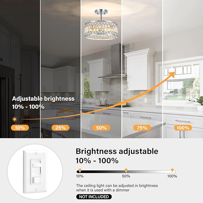 Crystal Ceiling Light Fixture, Modern Semi Flush Mount Ceiling Light, Chrome Lighting Ceiling Chandelier for Kitchen, Bedroom, Dining Room, Hallway, 3-Light, 12.2 Inch