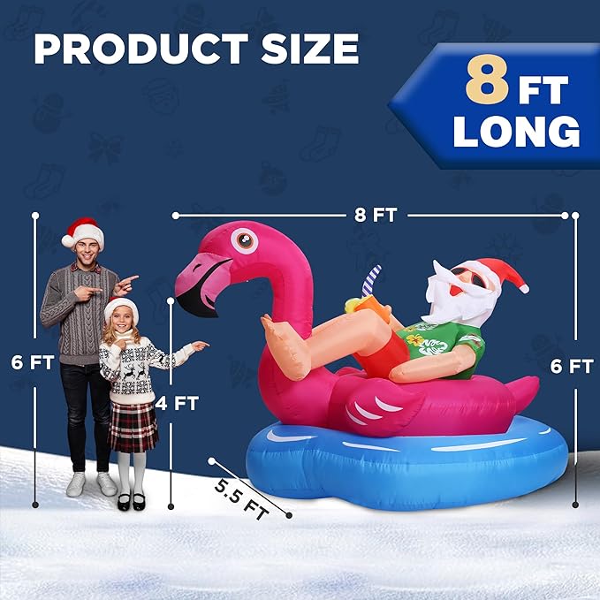 8 FT Hawaiian Santa on Flamingo Pool Float Christmas Inflatables Outdoor Decorations, Christmas Blow Up Santa Claus Yard Decorations for Garden Lawn Xmas Decor