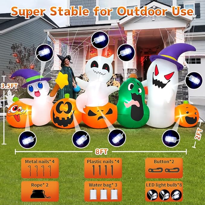 8 FT Halloween Inflatables Ghosts Pumpkins with Hat gnome Combo Decoration with Led Light Inflatables Outdoor Decor Blow up Inflatables for Holiday Party Lawn Yard Garden Decor