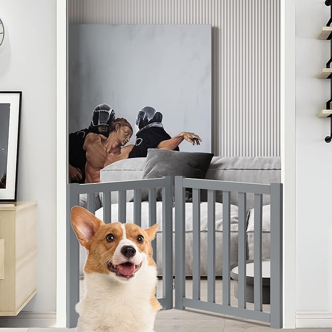 LZRS 2-Panel Wooden Free Standing Foldable Dog Gate – Solid Hardwood 24" High, Step-Over Safety Pet Gate for Doorways, Stairs & Small Spaces - Indoor Use, Grey