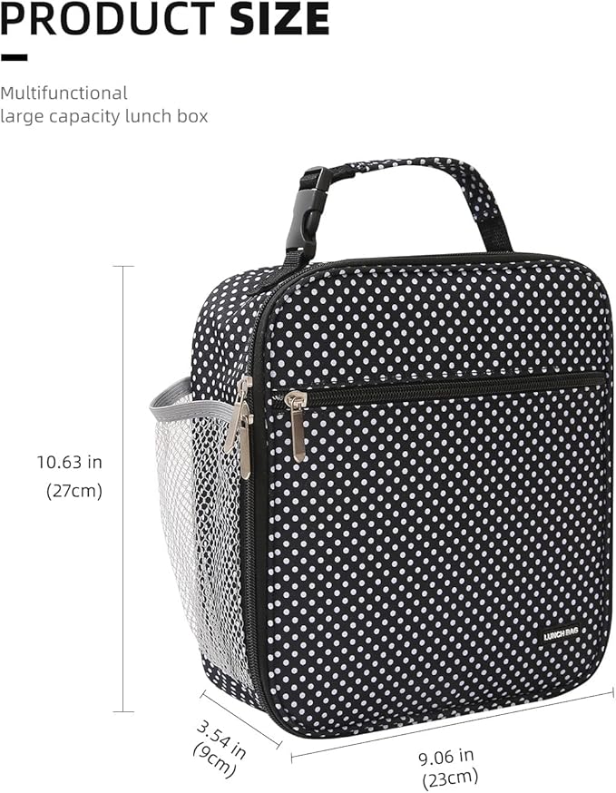 Lunch box Lunch bag for men women Insulated Lunchbox Lunch bags for Work Picnic Travel (Black polka dot)