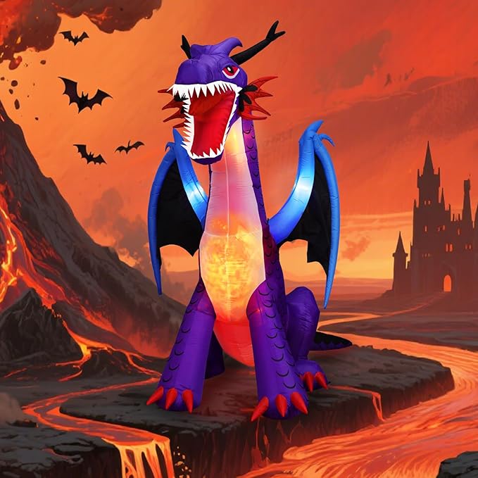 8FT Halloween Inflatables Dragon Decorations with Built-in LED Lights, Blow Up Yard Decor for Halloween Outdoor Lawn Garden Holiday Party