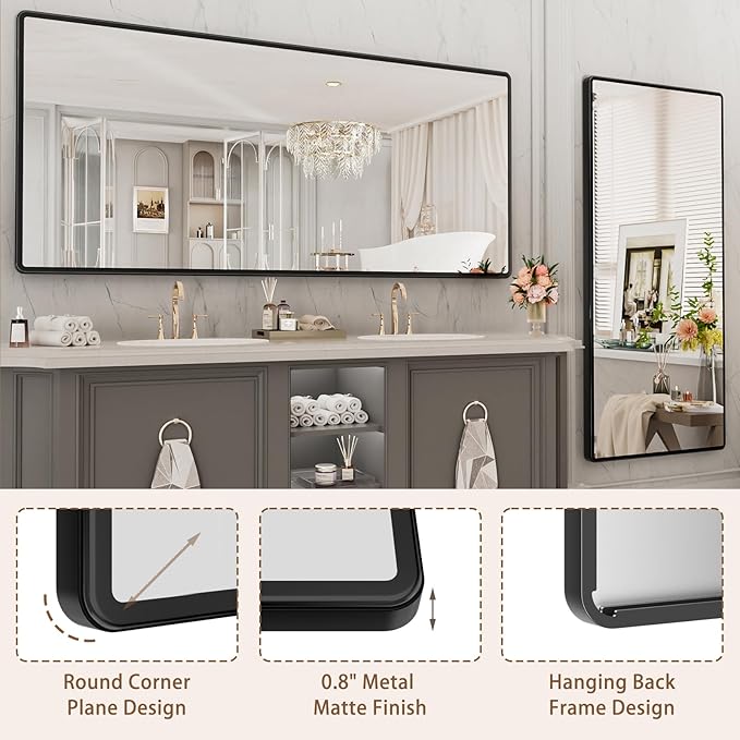 New Upgrade 72X36 Inch Wall Mounted Bathroom Mirror, Black Metal Frame Rounded Rectangle Mirror, Bathroom Vanity Mirror with Tempered Glass for Washroom Bedroom Living Room
