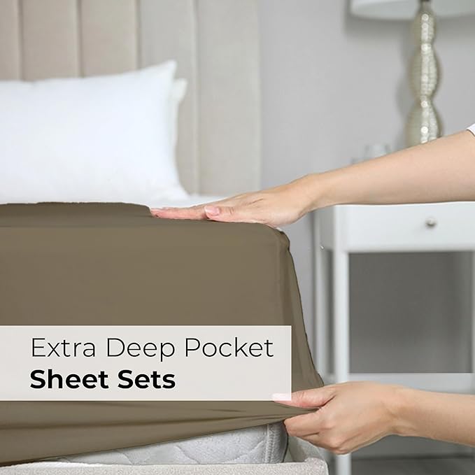 Extra Deep King Sheet Set - 6 Piece Breathable and Cooling Sheets - Hotel Luxury Bed Sheets Set - Easy & Secure Fit - Soft, Wrinkle Free and Comfy Sheets Set - Khaki Sheet Set with Extra Deep Pockets