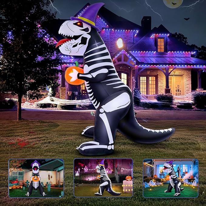 8 FT Halloween Inflatable Decoration, Built in LED Lights Blow Up Skeleton Dinosaur Holds a Pumpkin Decorations for Halloween Party, Indoor, Outdoor, Garden, Yard Lawn Décor