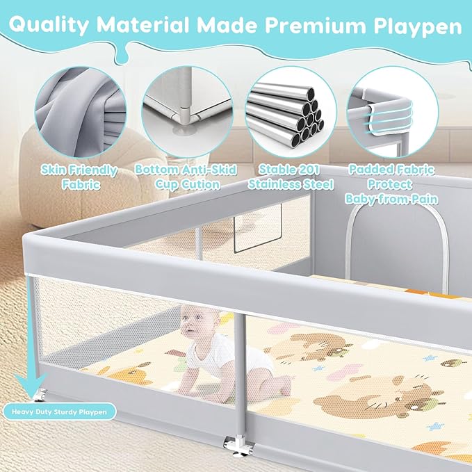 Baby Playpen with Mat, Baby Playard for Toddlers, Sturdy Safety Play Yard with Soft Breathable Mesh, Anti-Fall, 50 * 50 * 27 inches Grey
