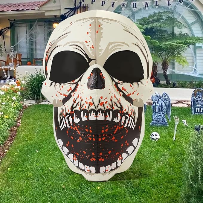 GOOSH 4 FT Halloween Inflatables Skull Outdoor Decorations Blow Up Yard Scary Colorful Dimming Skull with Built-in Magic LEDs for Garden Lawn Indoor Party Decor