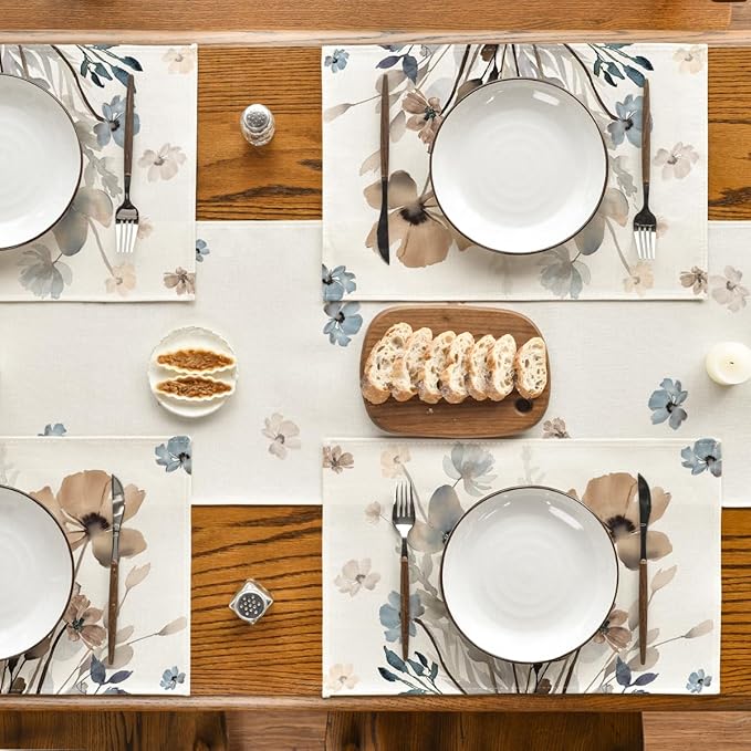 Artoid Mode Brown Poppy Floral Leaves Placemats Set of 6, 12x18 Inch Seasonal Summer Table Mats for Party Kitchen Dining Decoration