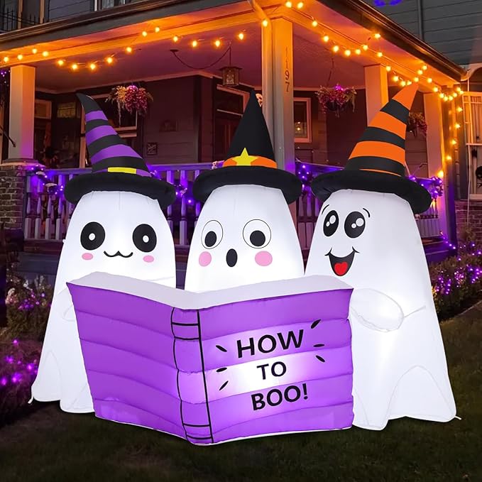 GOOSH 5.2FT Long Halloween Inflatables Ghost Outdoor Decoration Blow Up Yard Cute Ghosts Reading Book with Built-in LEDs for Indoor Party Garden Lawn Holiday Decor