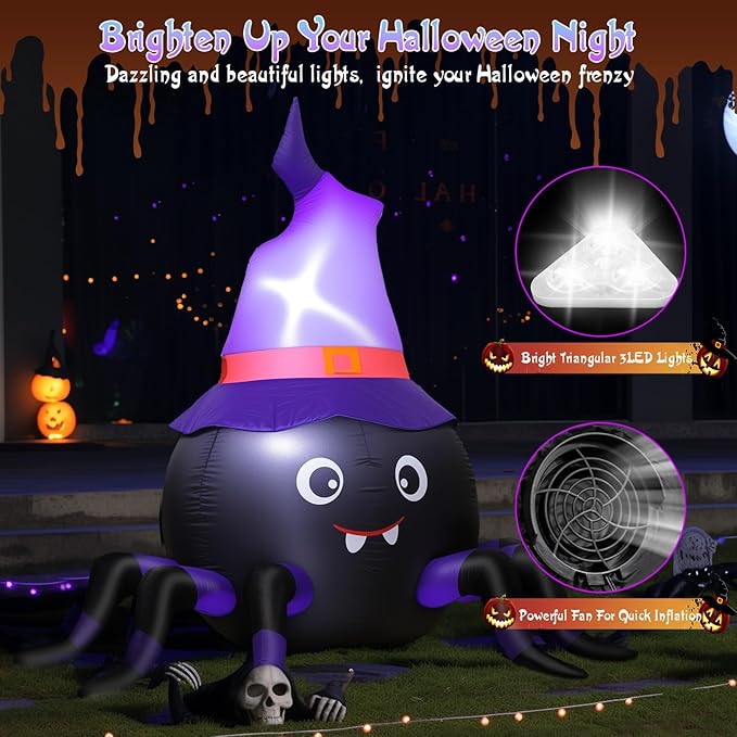 5FT Halloween Inflatable Spider with Witch Hat Outdoor Decoration, Blow Up Yard Inflatable Decorations with Built-in LED Lights for Garden/Lawn/Holiday/Home Party Decor