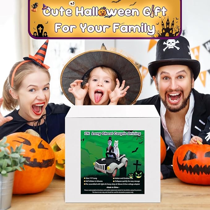 7FT Halloween Inflatable Ghost Couple Driving Halloween Decorations Spooky Blow Up Decor with LED Lights Indoor Outdoor Yard Garden Party Holiday Decorations