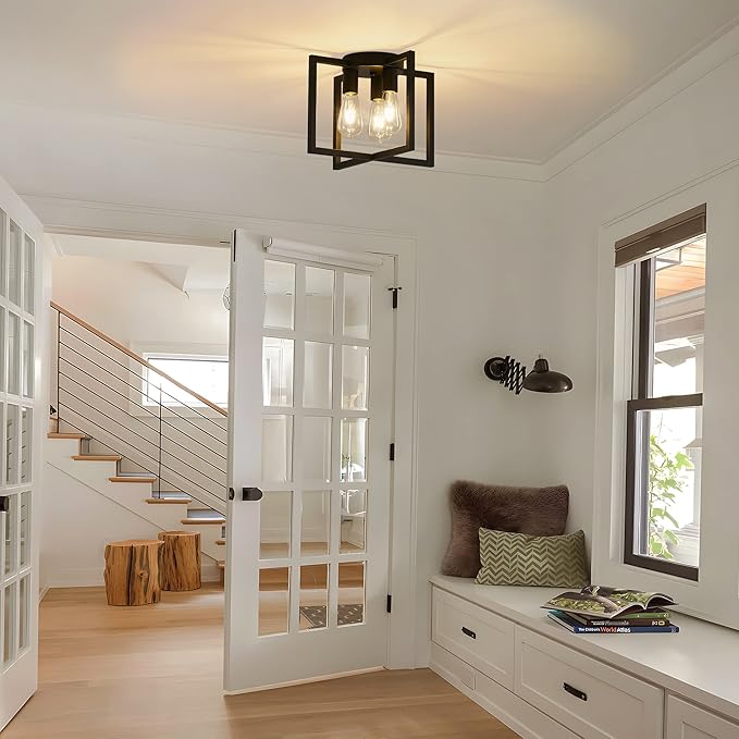 3-Light Ceiling Light Fixture, Black Semi-Flush Mount Chandelier with Geometric Metal Shade, Farmhouse Industrial Lighting for Kitchen Living Room Bedroom Hallway Foyer, E26 Base
