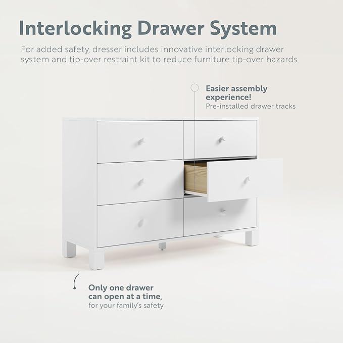 Storkcraft California 6-Drawer Double Dresser (White) - GREENGUARD Gold Certified, Interlocking Drawer System, Dresser Drawer Organizer for Kids Bedroom