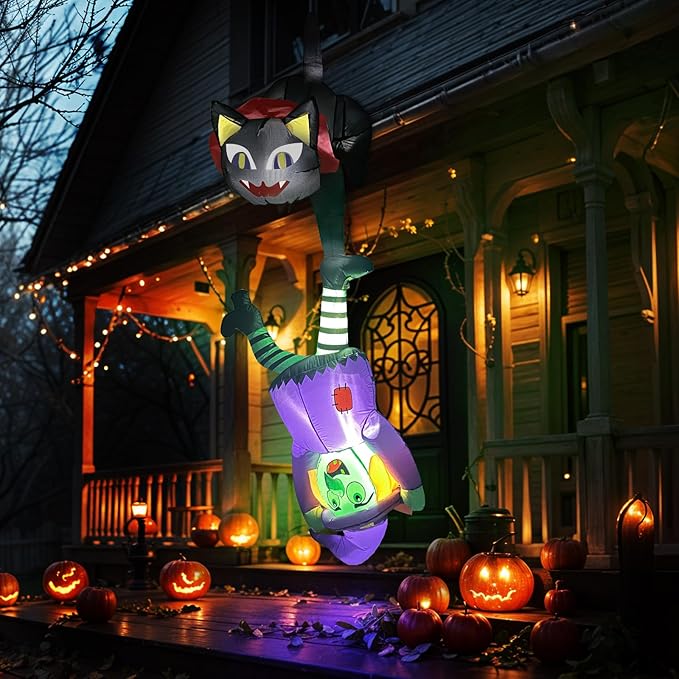 8 FT Halloween Inflatables Outdoor Decorations Black Cat and Witch Inflatable, Halloween Blow Up Yard Decorations with LED Lights, Black Cat Inflatable Decorations for Outdoor Yard Roof Decor