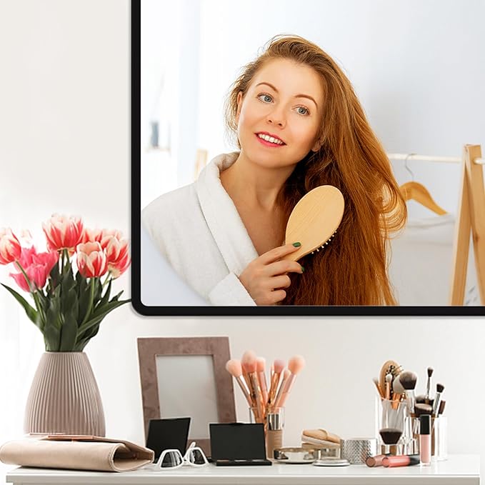 New Upgrade 72X32 Inch Wall Mounted Bathroom Mirror, Black Metal Frame Rounded Rectangle Mirror, Bathroom Vanity Mirror with Tempered Glass for Washroom Bedroom Living Room