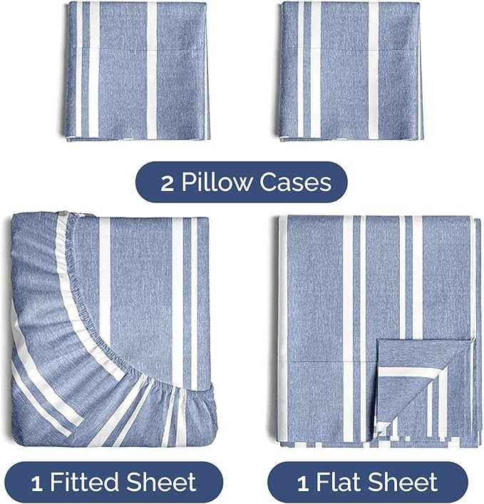 CGK Linens Twin 4 Piece Sheet Set - Cooling Sheets for Hot Sleepers - Hotel Luxury Bedding Set with 8-16 Inch Deep Pockets - 1 Flat & 1 Fitted & 2 Pillowcases - Soft and Wrinkle Free - Blue Stripes