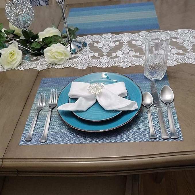 HeloHo Placemats Set of 4,Vinyl Table Place Mats Stain Resistant Foldable Placemats Washable Wipeable Placemat for Kitchen Dining Table Decoration Indoor Outdoor(Blue)