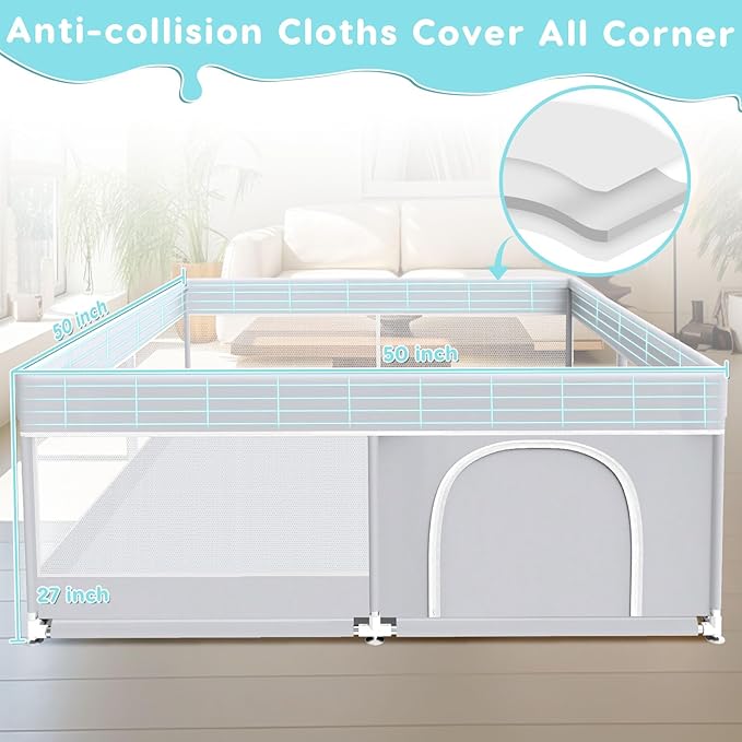 Baby Playpen, 50x50 Inch Baby Playard for Babies and Toddlers, Play Pens for Indoor & Outdoor, Sturdy Safety Play Yard with Soft Breathable Mesh, Anti-Fall, Grey