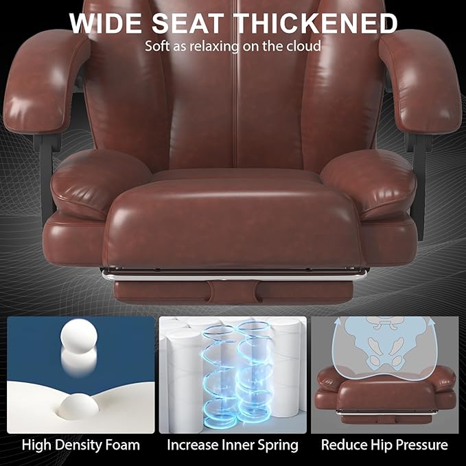 Big and Tall Office Chair, Ergonomic Leather High Back Executive Computer Chair with Retractable Footrest, Adjustable Headrest, Padded Arms, 360°Swivel Free, 90-135°Reclining, 500lbs Wide Seat, Brown