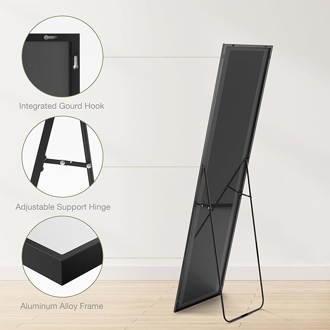 Sweetcrispy 59"x16" Full Length Mirror, Standing or Leaning Full Body Mirror with Aluminum Alloy Thin Frame, Suitable for Bedroom or Cloakroom,Black