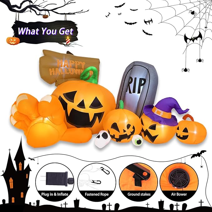 Garma Halloween Inflatables Outdoor Decorations, Long Inflatable Blow Ups Yard Decoration Pumpkin with Build-in LEDs, Gravestone and Witch Hat for Halloween Party Indoor, Lawn, Garden Decor