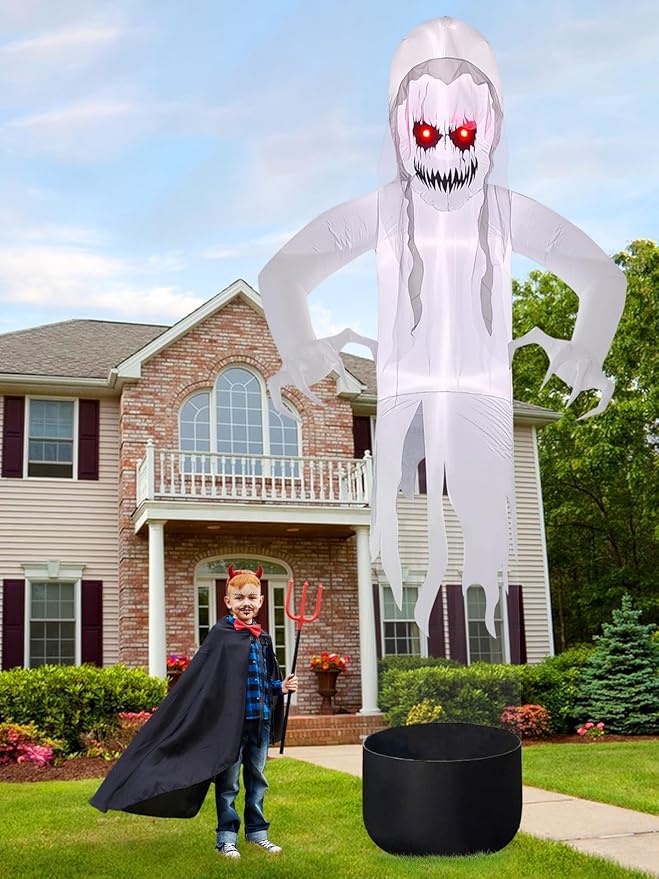 Kalolary Large 12 FT Halloween Inflatable Decoration Levitating White Ghost, Blow Up Animated Red Eyes Ghost with Build-in LEDs, Scary Inflatable for Yard Garden Lawn Indoor Outdoor Decor