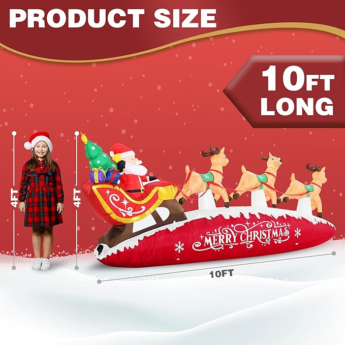 ZPISF 10 FT Santa Sleigh with Reindeer Christmas Inflatables Outdoor Decorations, Christmas Blow Up Yard Decorations for Garden Lawn Xmas Decor (Red)