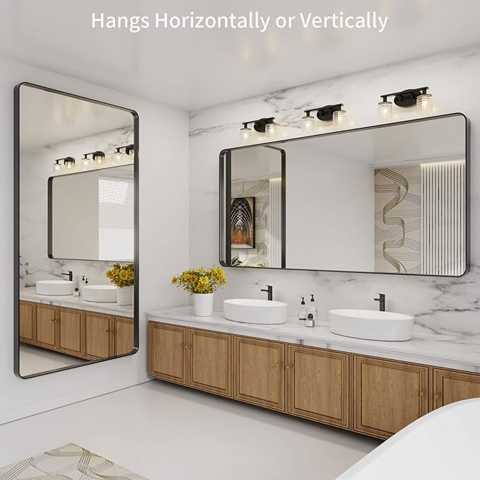 LOAAO 72X32 Inch Black Metal Framed Bathroom Mirror for Wall, Matte Black Bathroom Vanity Mirror Farmhouse, Large Rounded Rectangle Mirror, Anti-Rust, Shatter-Proof, Hangs Horizontally or Vertically